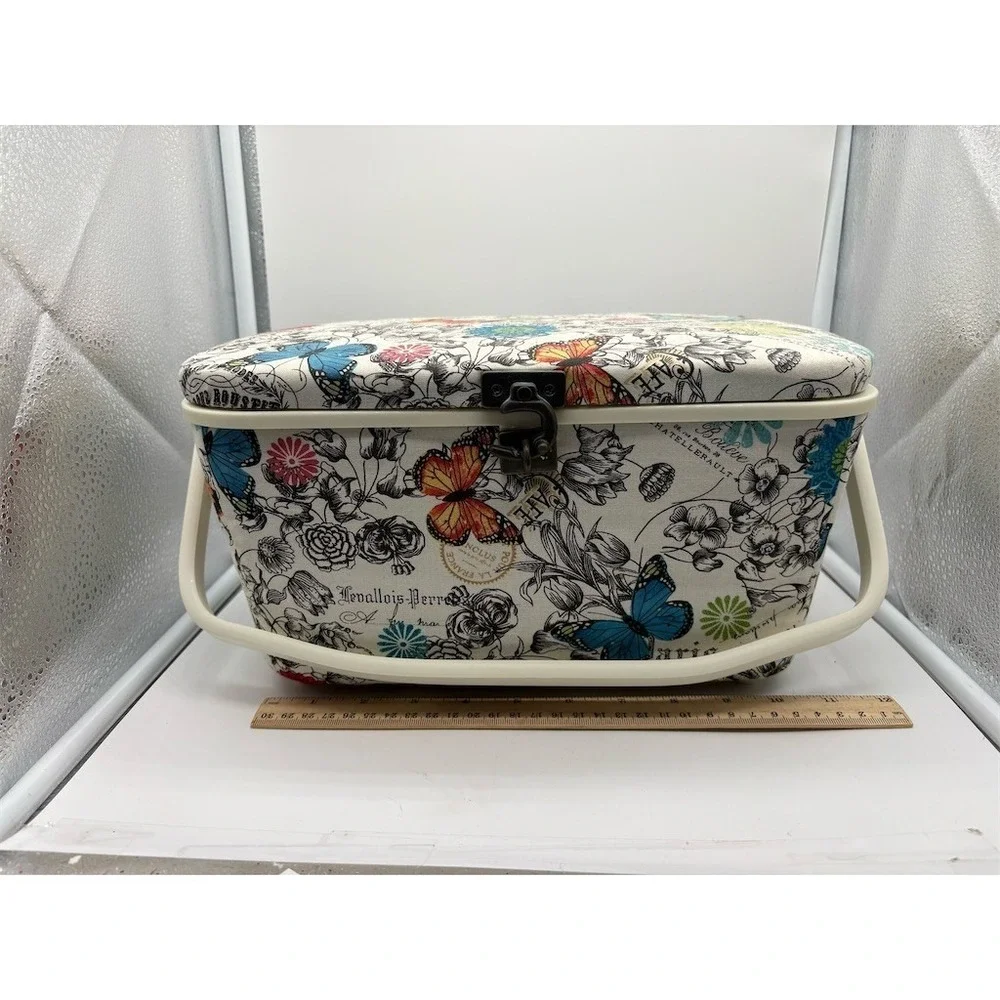 Unbranded Sewing Basket Organizer Box w/ Handle Floral Butterfly Print Lot